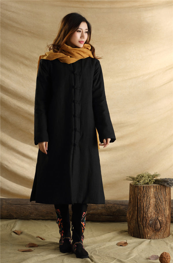 Men/Women Retro Style Long Buckle Linen and Cotton Quilted Coat