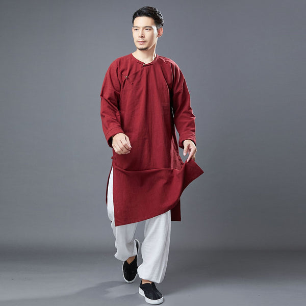 Men Classic Asian Style Linen Long Sleeve Round Neck Cheongsam