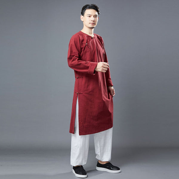 Men Classic Asian Style Linen Long Sleeve Round Neck Cheongsam