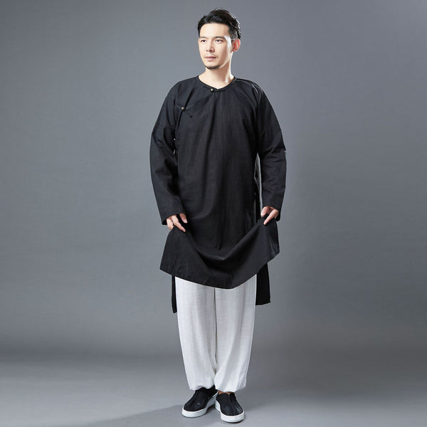 Men Classic Asian Style Linen Long Sleeve Round Neck Cheongsam