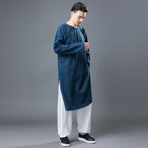 Men Classic Asian Style Linen Long Sleeve Round Neck Cheongsam