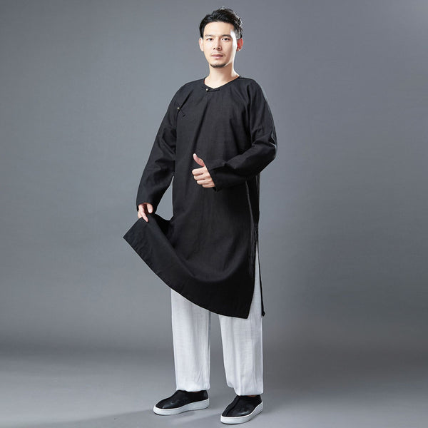 Men Classic Asian Style Linen Long Sleeve Round Neck Cheongsam