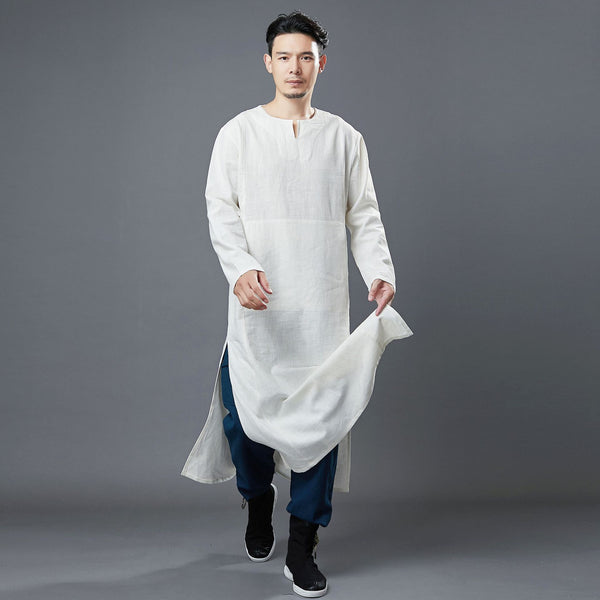 Men Modern Asian Style Linen Long Sleeve Round Neck Cheongsam