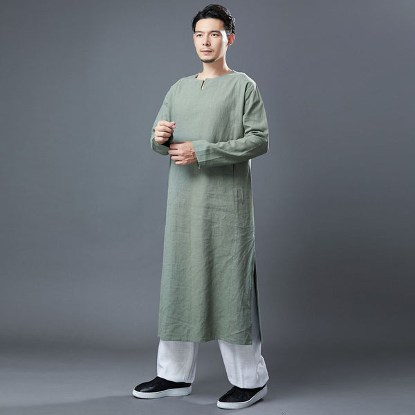 Men Modern Asian Style Linen Long Sleeve Round Neck Cheongsam