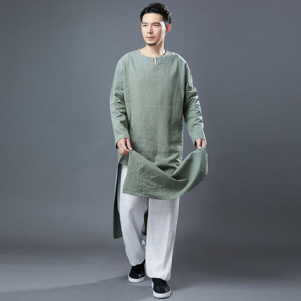 Men Modern Asian Style Linen Long Sleeve Round Neck Cheongsam