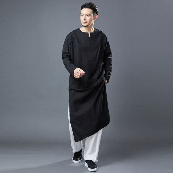 Men Modern Asian Style Linen Long Sleeve Round Neck Cheongsam