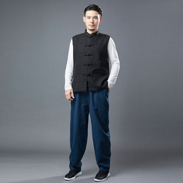 Men Asian Style Pure Color Linen and Cotton Vest  (Inner with Velvet)