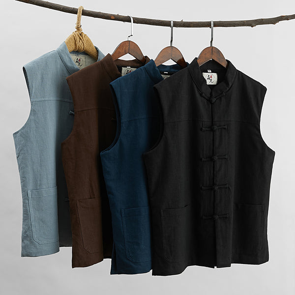 Men Asian Style Pure Color Linen and Cotton Vest  (Inner with Velvet)