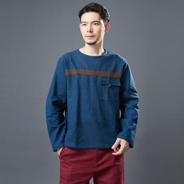 Men Classic Style Linen and Cotton Long Sleeve Front Pocket T-shirt