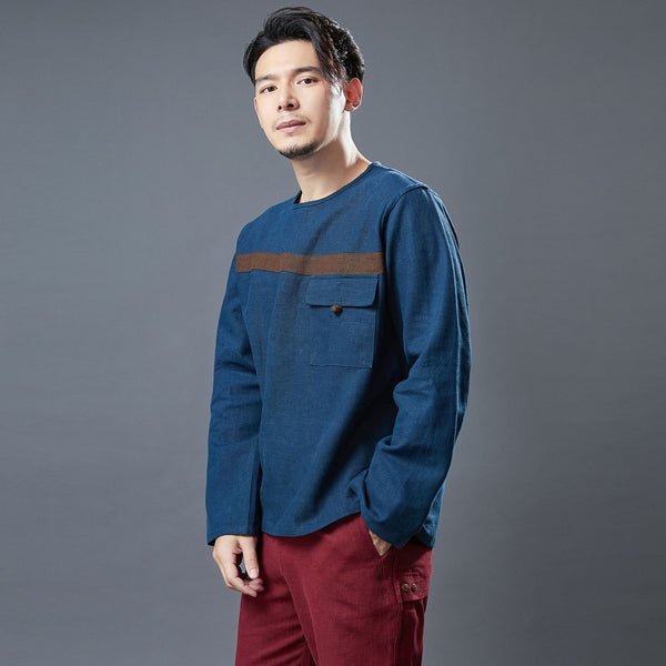 Men Classic Style Linen and Cotton Long Sleeve Front Pocket T-shirt