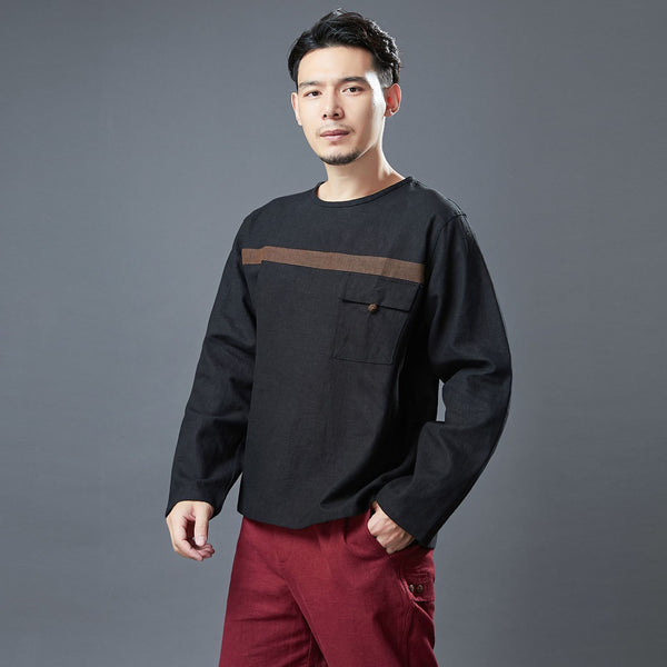 Men Classic Style Linen and Cotton Long Sleeve Front Pocket T-shirt