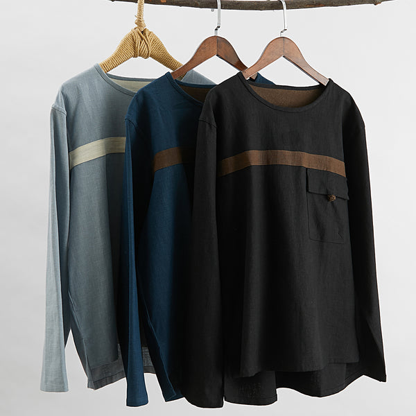 Men Classic Style Linen and Cotton Long Sleeve Front Pocket T-shirt