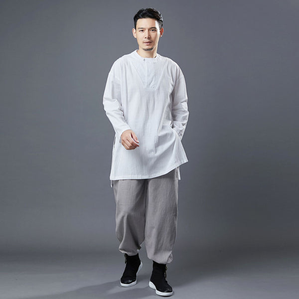 Men Classic Style Linen and Cotton Long Sleeve Tunic Shirt