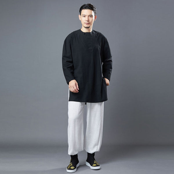 Men Classic Style Linen and Cotton Long Sleeve Tunic Shirt