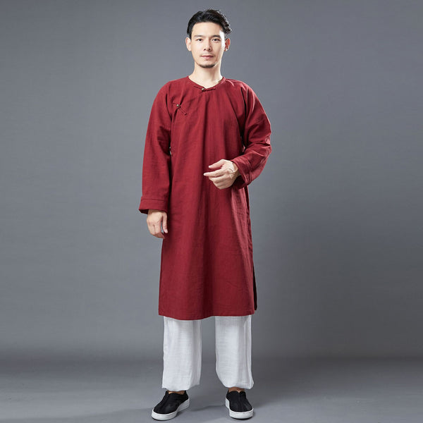 Men Classic Asian Style Linen Long Sleeve Round Neck Cheongsam