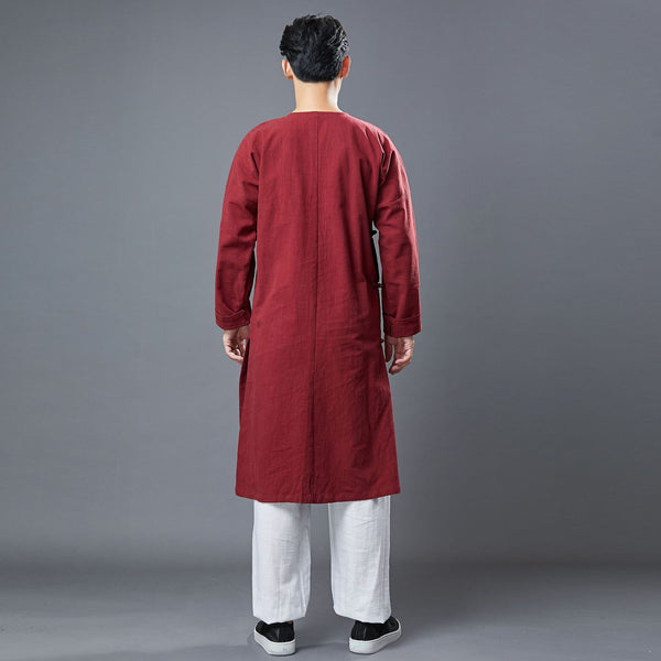 Men Classic Asian Style Linen Long Sleeve Round Neck Cheongsam