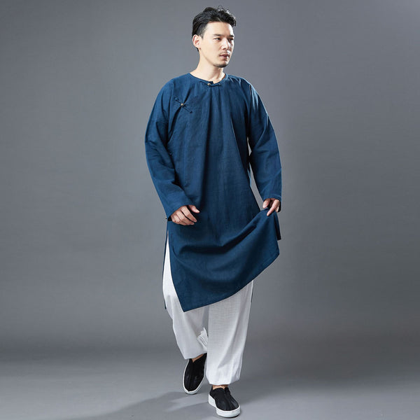 Men Classic Asian Style Linen Long Sleeve Round Neck Cheongsam