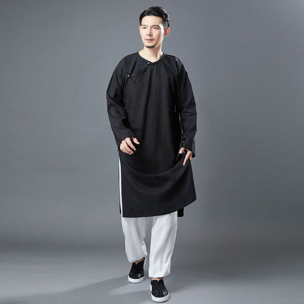 Men Classic Asian Style Linen Long Sleeve Round Neck Cheongsam