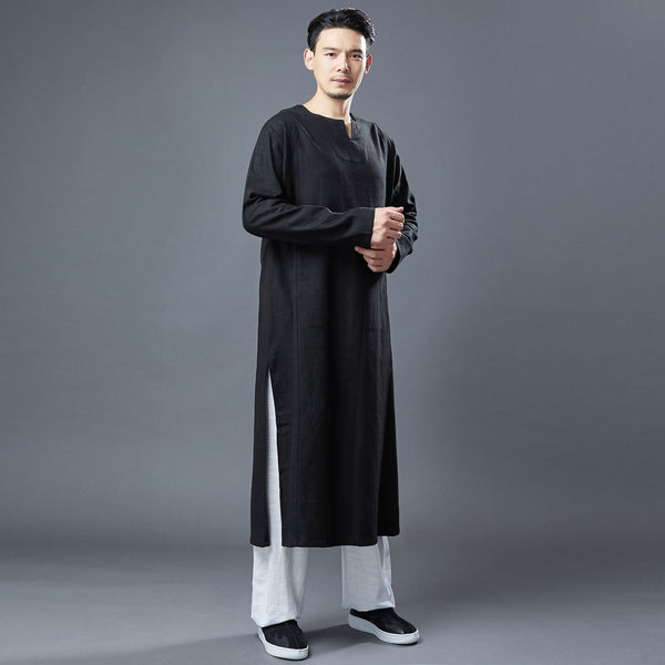 Men Modern Asian Style Linen Long Sleeve Round Neck Cheongsam