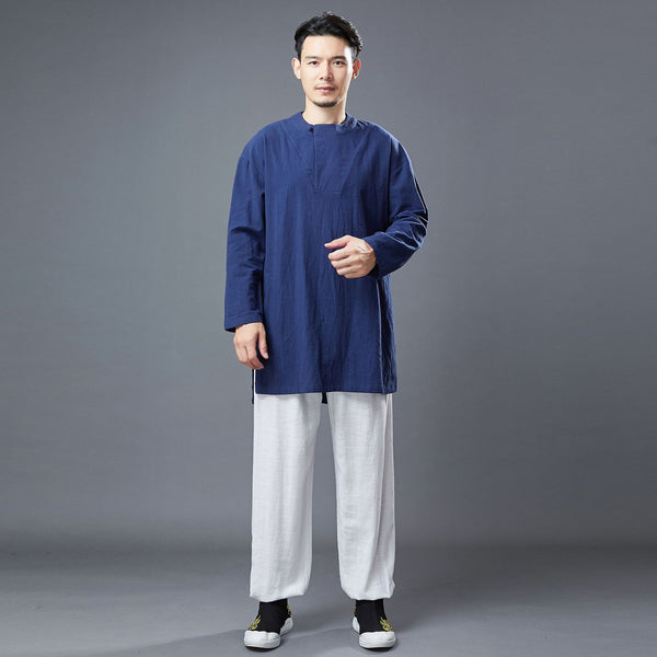 Men Classic Style Linen and Cotton Long Sleeve Tunic Shirt