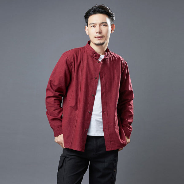 Men Asian Style Linen and Cotton Long Sleeve Stand Collar Jacket