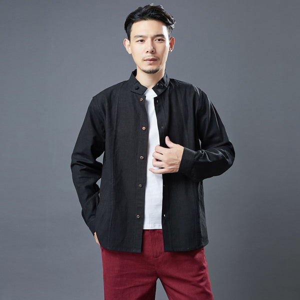 Men Asian Style Linen and Cotton Long Sleeve Stand Collar Jacket