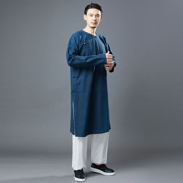 Men Classic Asian Style Linen Long Sleeve Round Neck Cheongsam