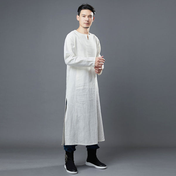 Men Modern Asian Style Linen Long Sleeve Round Neck Cheongsam