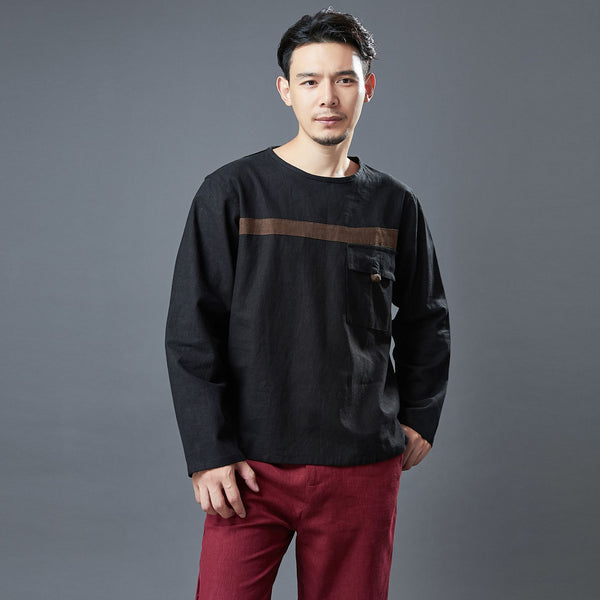 Men Classic Style Linen and Cotton Long Sleeve Front Pocket T-shirt