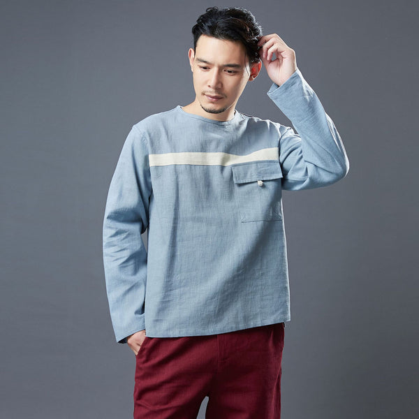 Men Classic Style Linen and Cotton Long Sleeve Front Pocket T-shirt