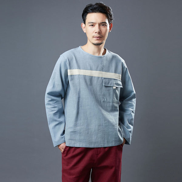 Men Classic Style Linen and Cotton Long Sleeve Front Pocket T-shirt