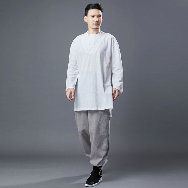 Men Classic Style Linen and Cotton Long Sleeve Tunic Shirt