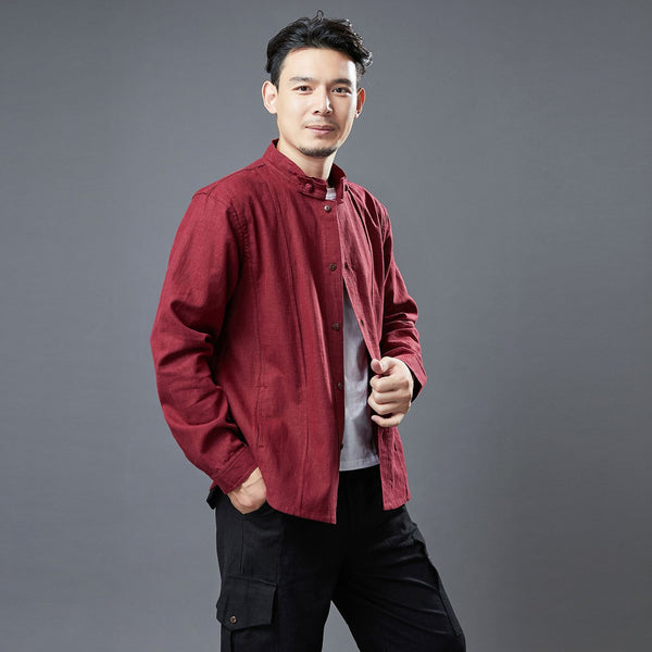 Men Asian Style Linen and Cotton Long Sleeve Stand Collar Jacket