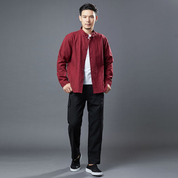 Men Asian Style Linen and Cotton Long Sleeve Stand Collar Jacket