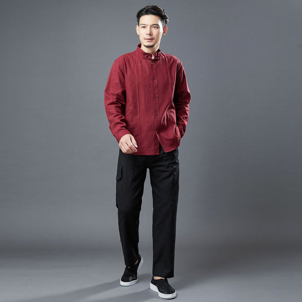 Men Asian Style Linen and Cotton Long Sleeve Stand Collar Jacket