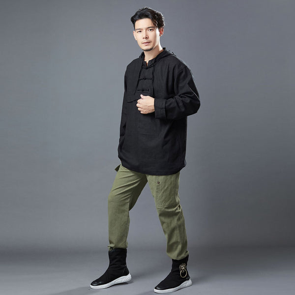 Men Classic Style Linen and Cotton Long Sleeve Hoodie Jacket