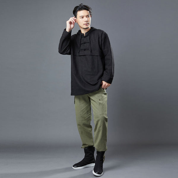 Men Classic Style Linen and Cotton Long Sleeve Hoodie Jacket