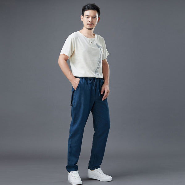 Men Casual Back Big Pockets New Style Linen Pants