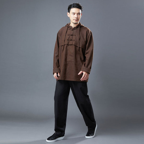 Men Classic Style Linen and Cotton Long Sleeve Hoodie Jacket