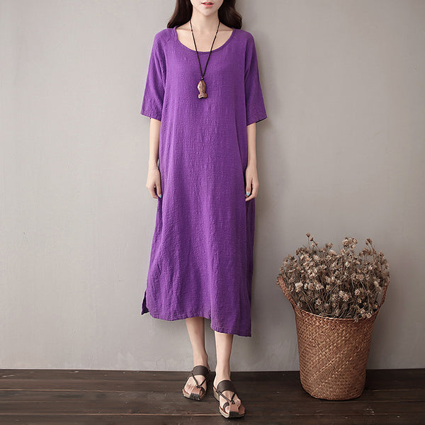 Women Pure Color Artistic Loose Sleeve Dress