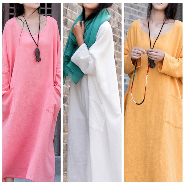 Women Asian Style Retro Long Sleeves Linen and Cotton Dress