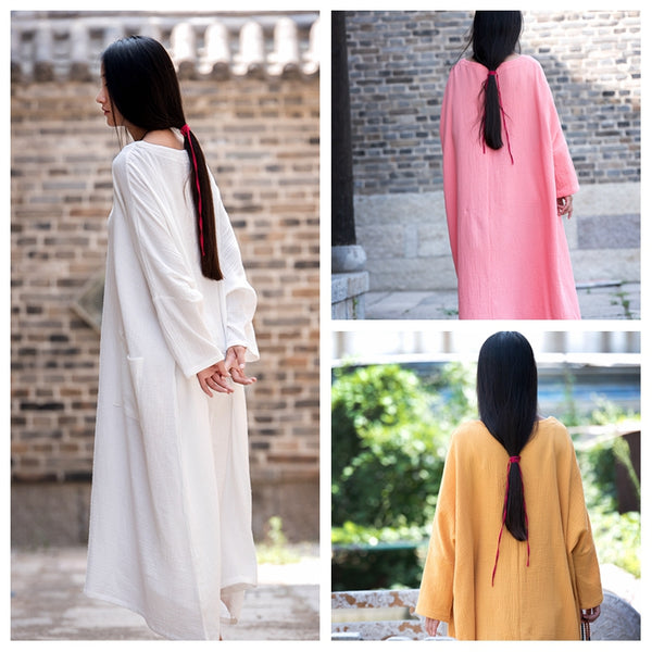 Women Asian Style Retro Long Sleeves Linen and Cotton Dress