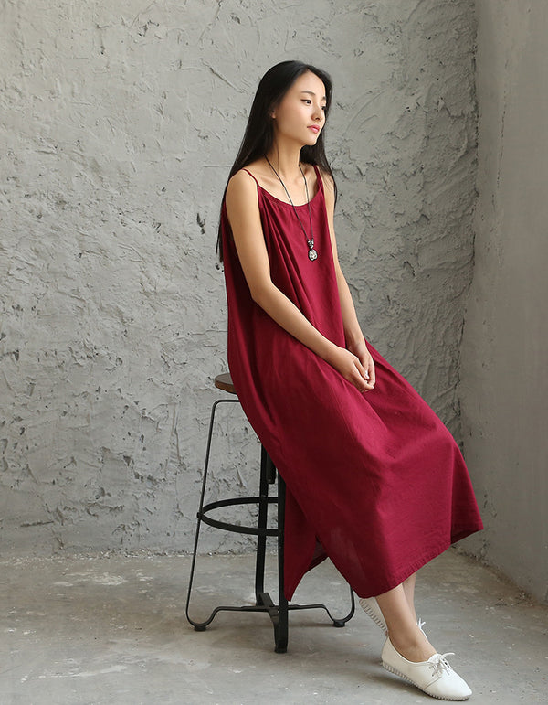 Women Large Loose Harness Linen and Cotton Dress