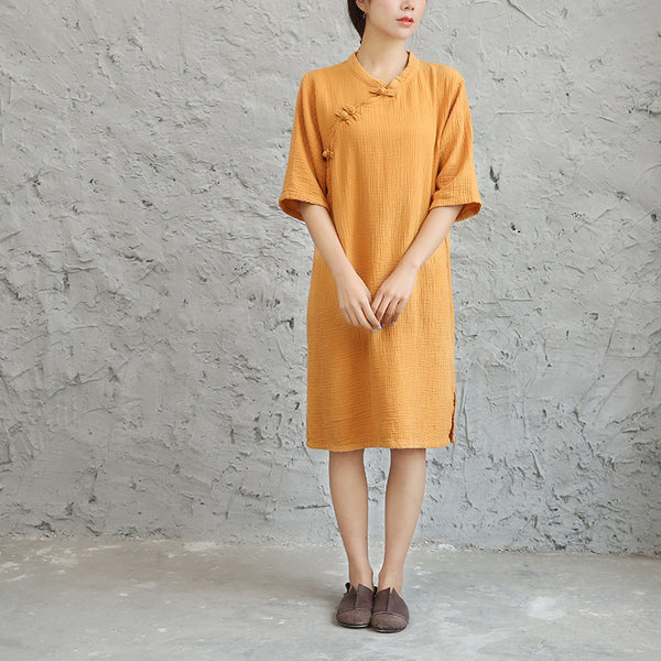 Women Retro Chinese Style Loose Collar Buckle Middle Sleeve Knee Length Dress