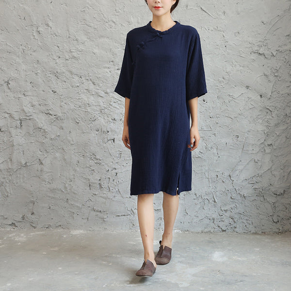 Women Retro Chinese Style Loose Collar Buckle Middle Sleeve Knee Length Dress