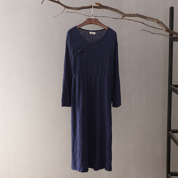 Women Cotton & Linen V-neck Long-sleeved Loose Dress