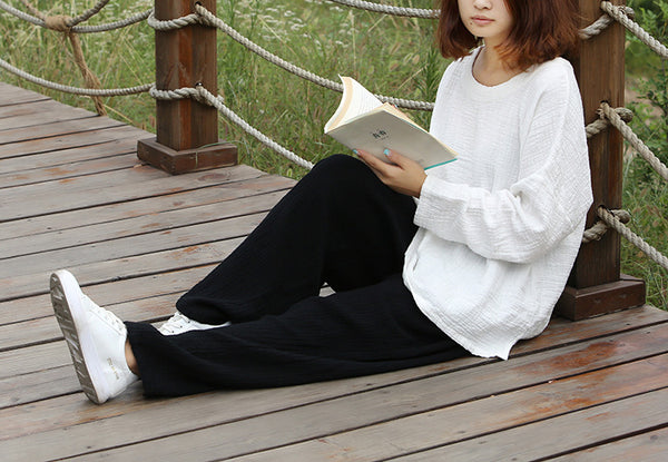 Women Loose Large Long Sleeve Cotton and Linen T-Shirts
