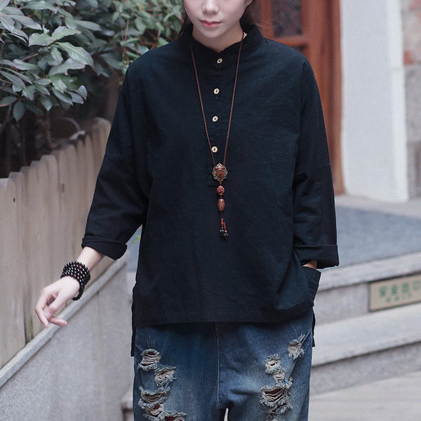 Women Retro Large Loose Linen & Cotton Wrinkled long-sleeved Shirt