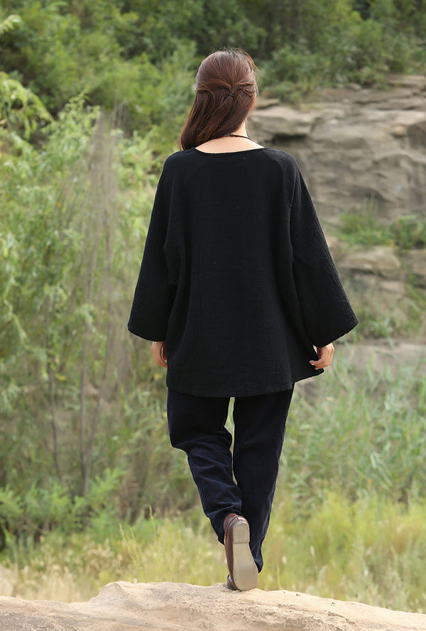 Women Loose Long-sleeved Cotton and Linen T-shirts