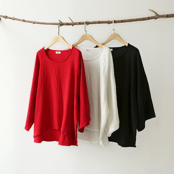 Women Loose Long-sleeved Cotton and Linen T-shirts